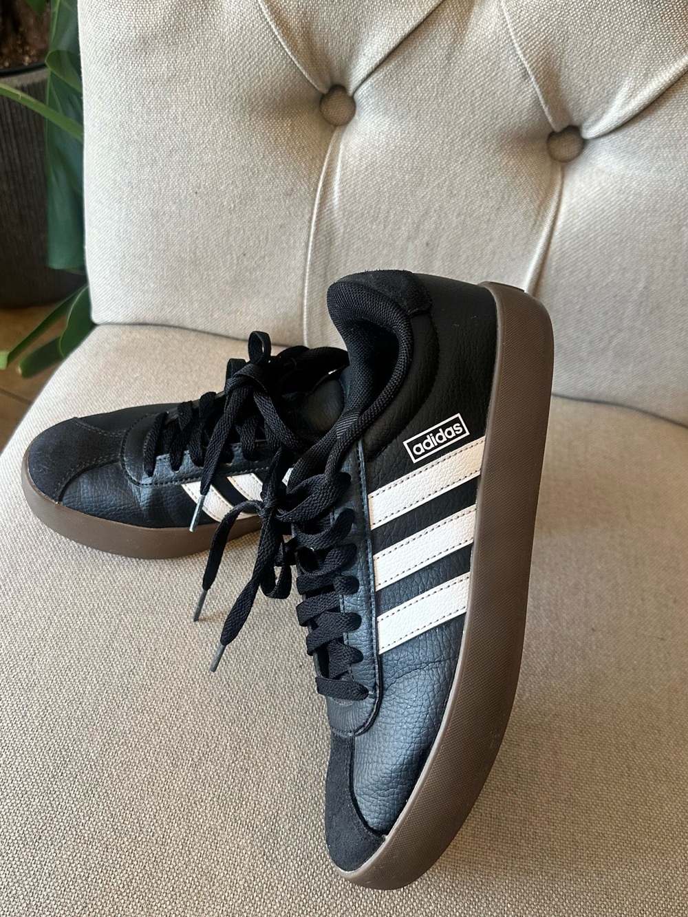 adidas Black Sneakers with White Three Stripes and Brown Gum Sole